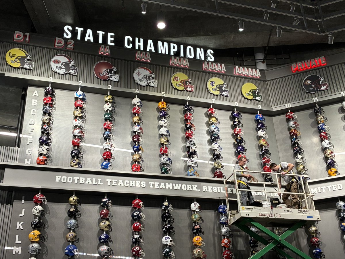 scoreatlanta's tweet photo. The 2025-2026 GHSA State Championship helmets have been updated 🏆 🏈  Score Atlanta is at Mercedes-Benz Stadium all week updating over 100+ school’s football helmets to match how they look on the field this year. A fun announcement coming next week! Stay tuned 👀 https://t.co/bMCcMWkZnZ
