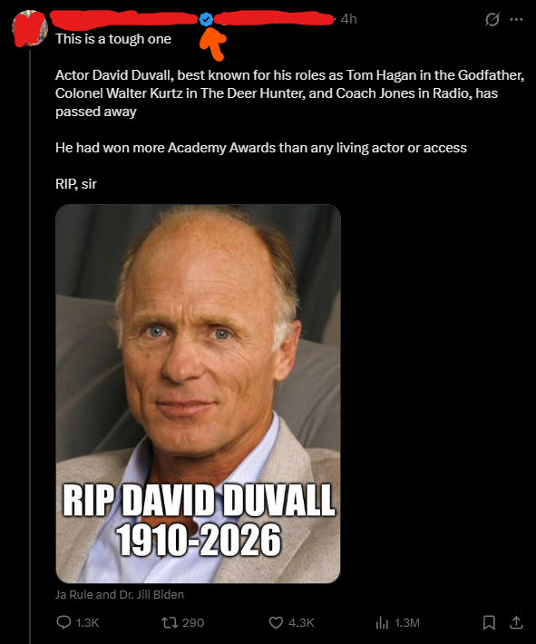 Baiting in such a sad and obvious way is a really good way to get insta blocked here. RIP Robert Duvall.💔