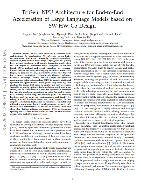 ulrich_mink_'s tweet photo. Samsung researchers have proposed TriGen, a new NPU architecture for end-to-end acceleration of LLM inferences based on a joint SW-HW design.

https://t.co/OHH8H4ixCc https://t.co/DXqPKGRNb8