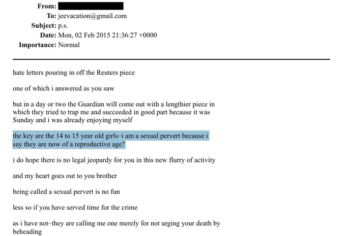 MarioNawfal's tweet photo. A redacted sender emailed Epstein in 2015 complaining about hate mail after a Reuters article and wrote: "the key are the 14 to 15 year old girls, i am a sexual pervert because i say they are now of a reproductive age?"

The sender then tells Epstein "my heart goes out to you brother" and hopes there's "no legal jeopardy for you in this new flurry of activity."

Public analysis has strongly identified the sender as evolutionary biologist Robert Trivers, who is known to have associated with Epstein and made similar public remarks about early maturation in girls around this exact time period.

So a scientist was allegedly publicly defending the sexualization of 14-year-old girls, privately calling Epstein "brother," and the DOJ still thought it was appropriate to redact his name...

File: EFTA00628112