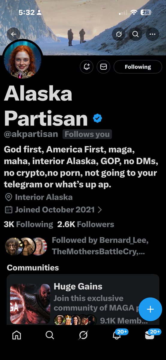 Well, Good evening everyone. This is a MAGA patriot account I’ve recently followed. <a href="/akpartisan/">Alaska Partisan</a> She is wanting to connect with like minded patriots. She is from Alaska and puts God first, then America. She is very personable and friendly. She has 2.6K followers.
Let’s show her