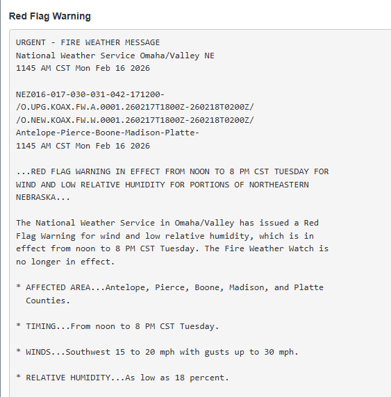 Jasamsdestiny's tweet image. 🚩
Red Flag Warning in effect for the counties listed below till 8 tomorrow night.  Counties in the warned area are #Antelope #Pierce #Boone #Madison &amp;amp; #Platte.  Expect SW winds of 15 to 20 with gusts as high as 30 &amp;amp; humidity as low as 18%.
#RedFlagWarning #Nebraska #newx