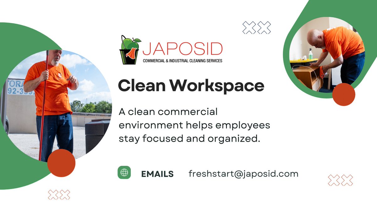 JAPOSID4Hire's tweet photo. A clean commercial environment helps employees stay focused and organized. Call/text 727-607-2830 or email freshstart@japosid.com for more information.
#CommercialCleaning #WorkplaceProductivity #CleanWorkspaces #IndustrialCleaning #OfficeHygiene https://t.co/mCpB7PGIvB