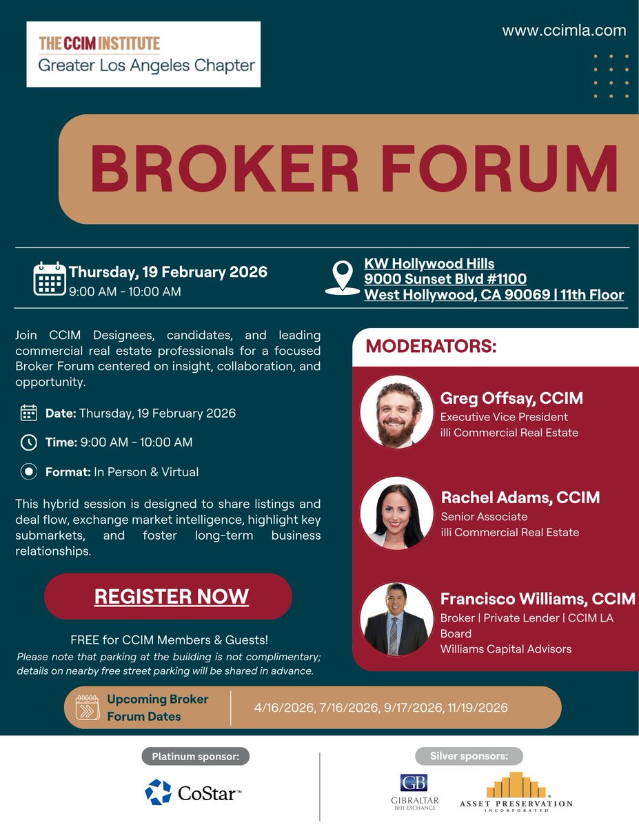 🚨 Broker Forum is happening THIS WEEK!

Join us Thursday, Feb 19 | 9–10 AM
📍 KW Hollywood Hills (In Person + Virtual)
Share listings, discuss deal flow, and connect with CRE professionals across LA.

Free for CCIM Members &amp; Guests.
Register now! 🔗