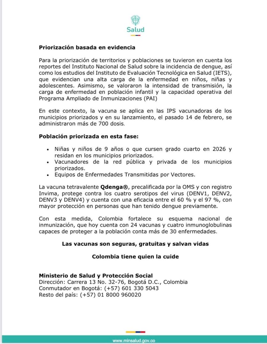 ¡Gran noticia para la salud pública en Colombia! 🇨🇴 El <a href="/MinSaludCol/">MinSalud Colombia 🇨🇴</a> inició la introducción escalonada de la vacuna contra el #Dengue para niñas y niños de 9 años en zonas de alta endemicidad. Una medida clave para reducir hospitalizaciones y muertes, respaldada por la OMS.