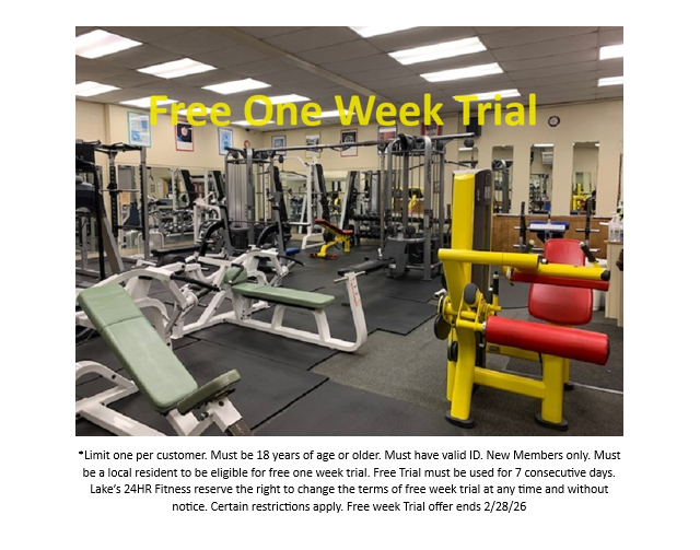 💪 Unlock Your Potential with a FREE One-Week Gym Membership! 💪Ready to take your fitness journey to the next level? For a limited time, Lake’s 24HR Fitness is offering a FREE one-week trial at our gym! 🎉Don’t wait. Offer valid through 2/28/26. Book your free trial today! 💥