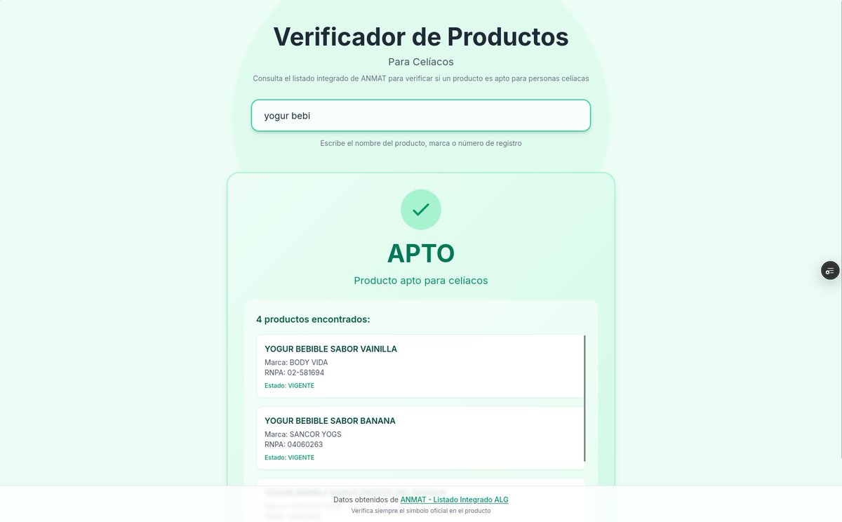 Hice otra app pero esta vez para buscar productos sin TACC desde la base de datos del listado integral ALG Anmat. 
Escribís el nombre del producto, marca o numero de registro y te dice si esta o no en la base de datos

sintacc-six.vercel.app