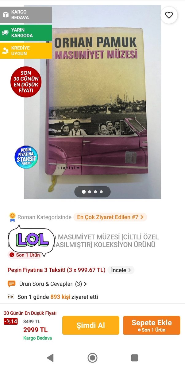 meloodrama's tweet photo. Film patladıktan sonra kitabın fiyata bak 3000 tl
Ülkede birsey patladığında fiyatında artış yaşanması geçen sene olsa yüzüne bakmazdı kimse şimdi müzeye gidebilmek için kitap alıyorlar ve arz talep dengesinin fırsatcılık üzerine kurulması #masumiyetmüzesi #orhanpamuk https://t.co/D8HhnEfzQV