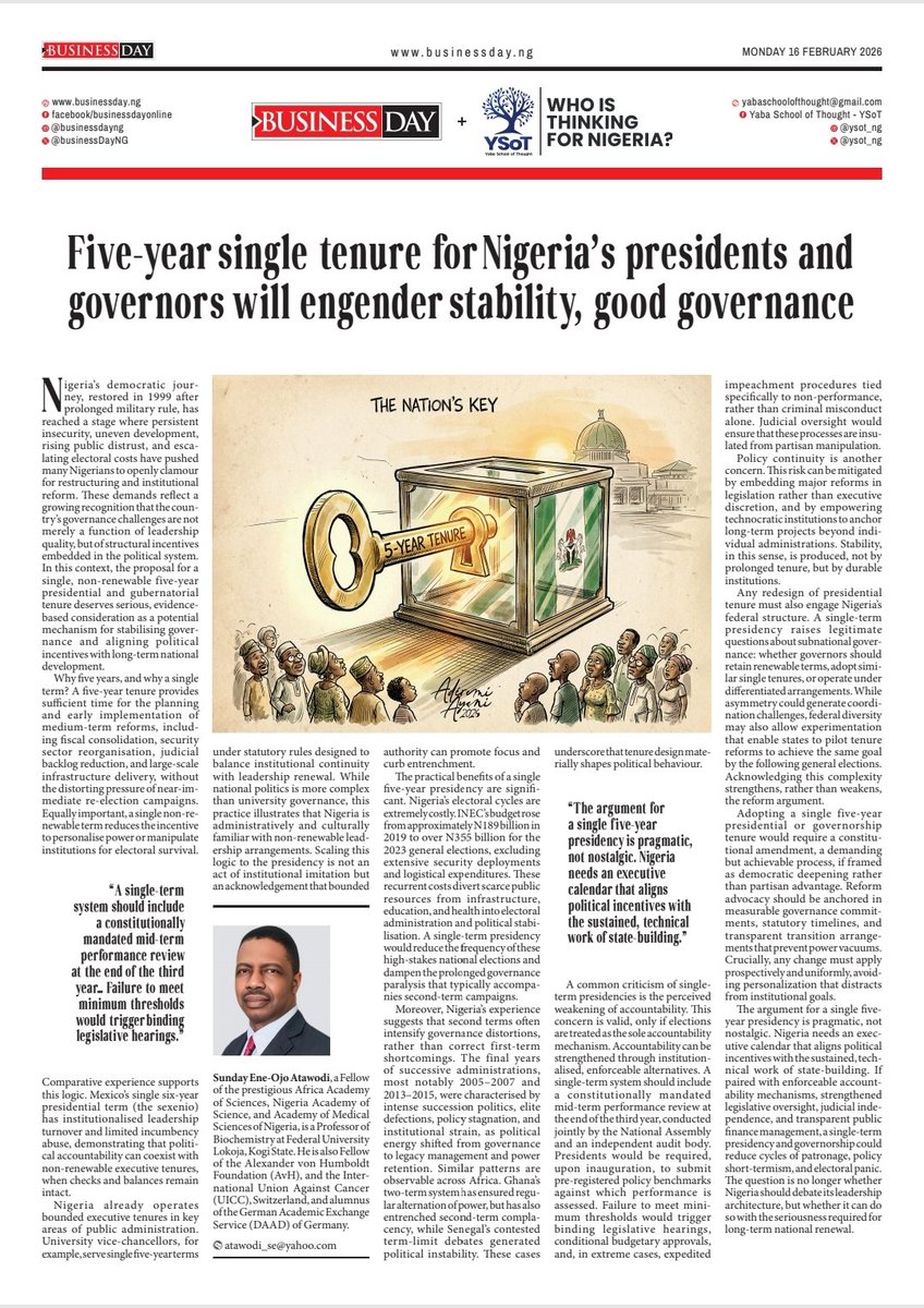 YSoT_NG's tweet photo. Should Nigeria adopt a single five-year, non-renewable term for presidents and governors?
“The argument for a single five-year presidency is pragmatic, not nostalgic.”
Read & weigh in.
#Yabaschoolofthought
#WIT4Naija
#NigeriaThinks
#NigeriaPolicy
#DevelopmentPolicy https://t.co/m8K3300Vzy