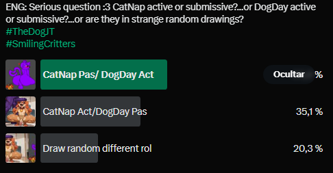 ESP: la encuesta termino hace una semana creo xd asi que que empiece a trabajaar >:3

ENG: The survey ended a week ago I think xd so let's start working >:3
#TheDogJT
#SmilingCritters