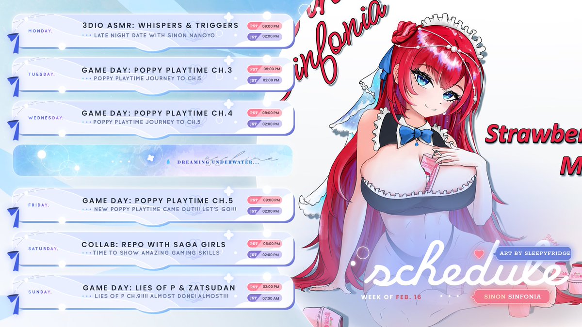 SinonSinfonia's tweet photo. 02/16/26 - 02/22/26 WEEK SCHEDULE!!! 🐚🫧
A bunch of spooky horror games and late-night streams coming up this week, nanoyo!!!
Fan Art: #SinonArt
Livestream/Clips: #SinonLive
General: #SinonDiary
NSFW: #SinfulSinon https://t.co/zUGjFwUXMh