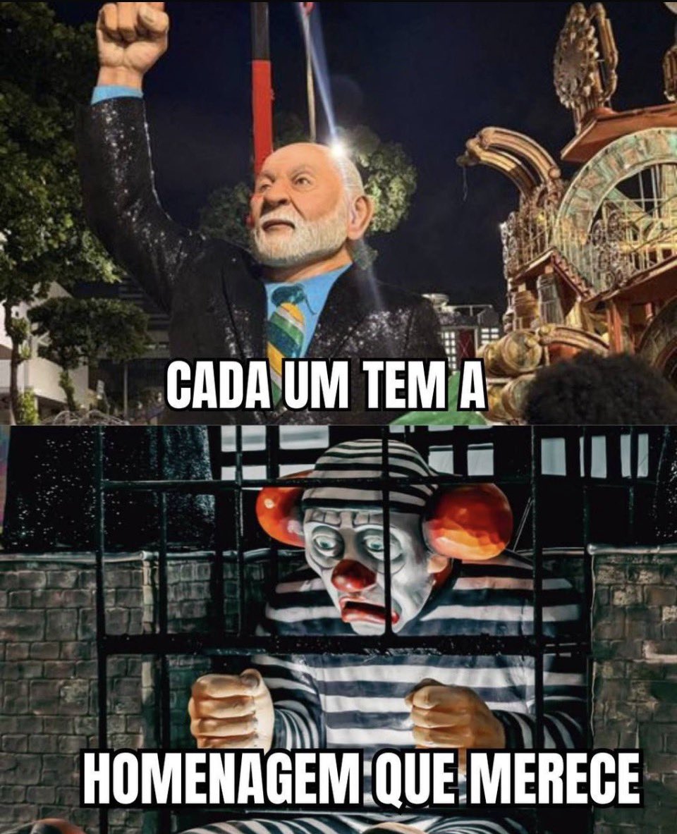SRivoltril's tweet photo. Todos foram homenageados. Temer, Lula, Bozo, Dilma, a avenida virou praticamente um álbum de figurinhas da política brasileira. Quem gostou bate palma, quem não gostou… respira fundo e aceita. Carnaval não pede autorização, meu amor. 😂🎭 https://t.co/m3727LGvB9