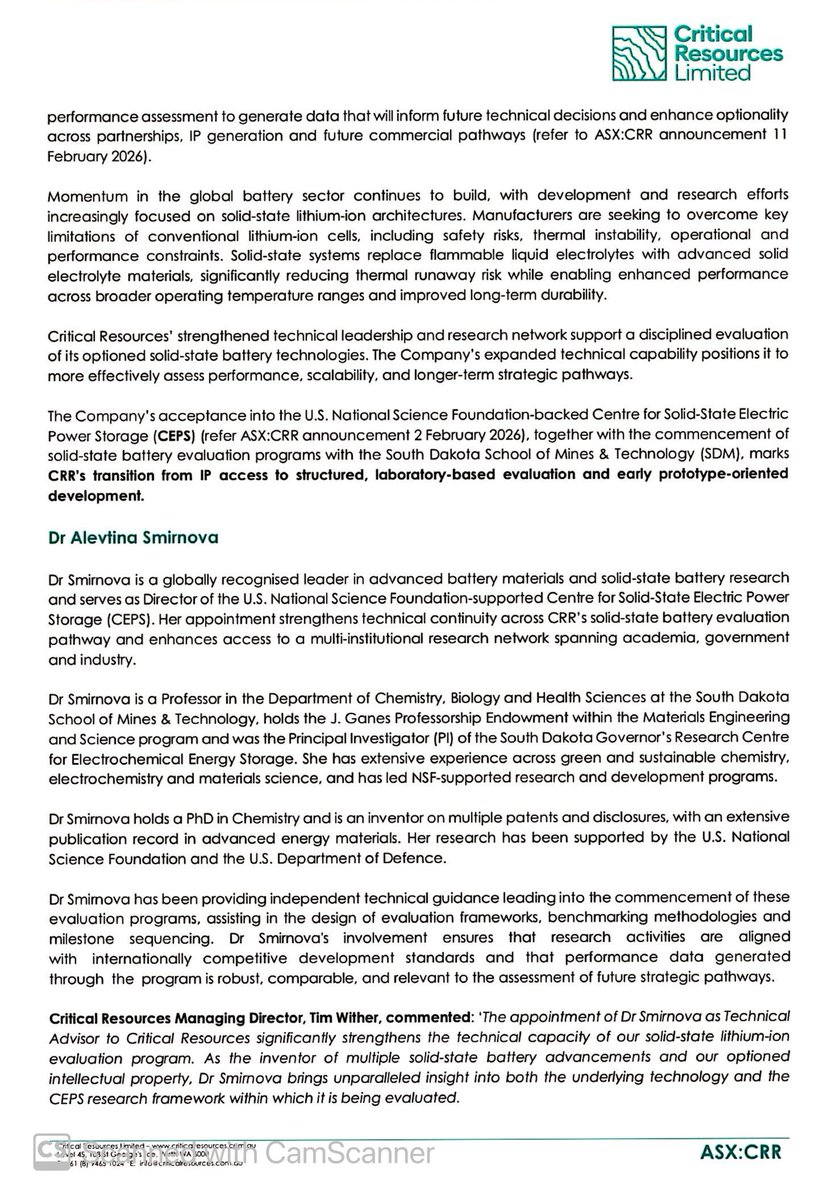 SalvadorMaurice's tweet image. $CRR

CRITICAL RESOURCES APPOINTS LEADING SOLID-STATE
#BATTERY #INVENTOR - DR SMIRNOVA AS TECHNICAL ADVISOR

Appointment strengthens execution of solid-state battery evaluation strategy. providing independent technical oversight across patented technology and evaluation program…