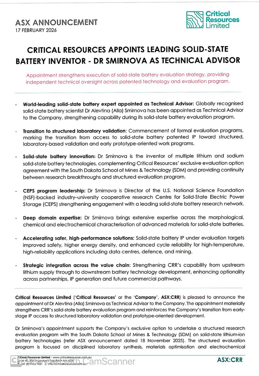 SalvadorMaurice's tweet image. $CRR

CRITICAL RESOURCES APPOINTS LEADING SOLID-STATE
#BATTERY #INVENTOR - DR SMIRNOVA AS TECHNICAL ADVISOR

Appointment strengthens execution of solid-state battery evaluation strategy. providing independent technical oversight across patented technology and evaluation program…