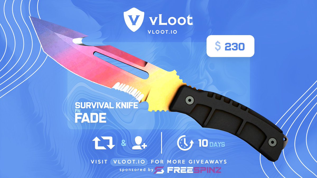 CSGO / CS2 Survival Knife Fade Giveaway ($230) 🎁

✅ Follow <a href="/FreeSpinzCasino/">FreeSpinz</a> &amp; <a href="/vloot_io/">vLoot.io</a>
✅ Like, Retweet and Tag 1 friend

Winner drawn in 10 days, good luck 🥰