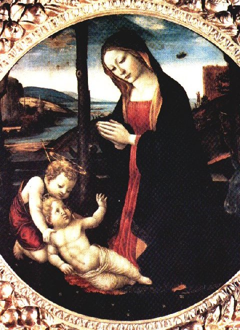 Madonna with Saint Giovannino by Domenico Ghirlandaio
Date: c. 1485

Virgin Mary holds infant Jesus, mysterious figure looks on.