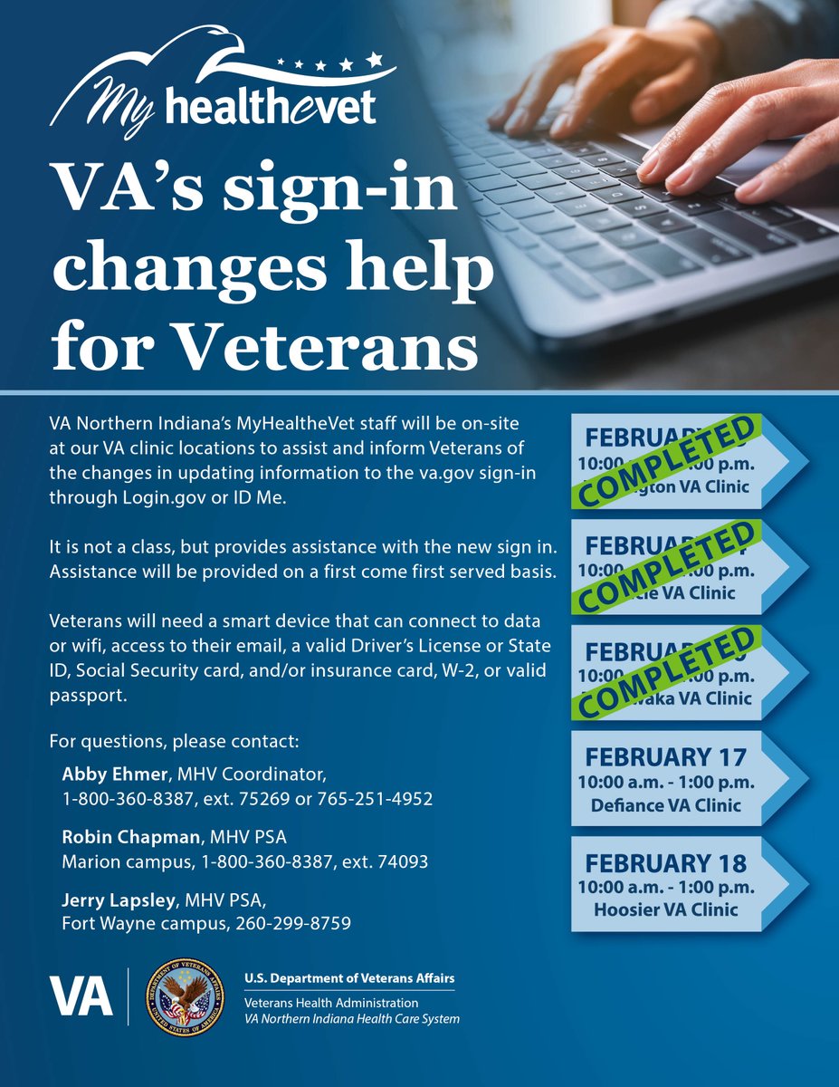 VA Northern Indiana has added more My HealtheVet help sessions in February at our VA Clinics to assist Veterans with the new Login.gov sign-in. Please join us on these dates if you need assistance. 

#Veteran #healthcare #hcsm #chooseva