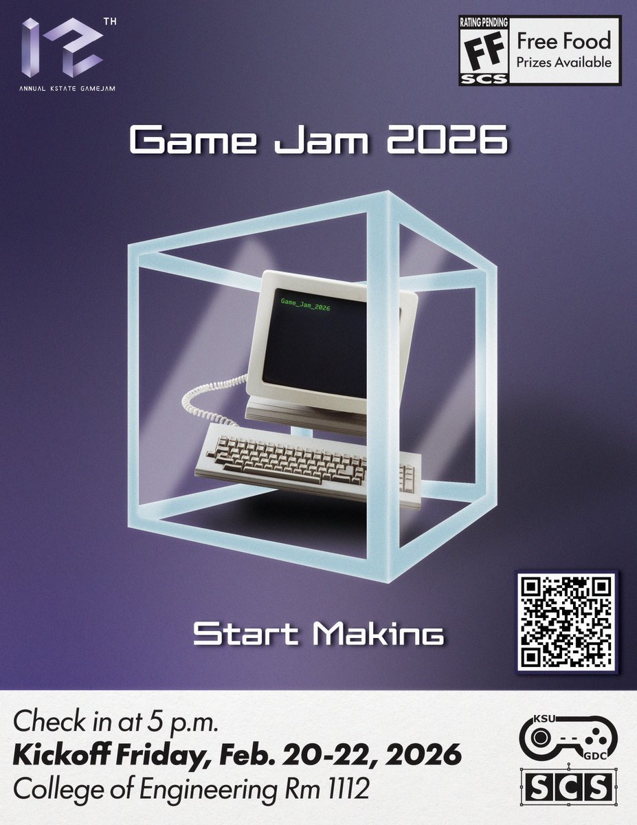 kstateGDC's tweet photo. Come join us for the Spring Game Jam 2026, This Weekend!
Check in at 5pm, kick-off at 7
Food will be provided, prizes to be won!
#kstate #gamejam #ksu #springjam #gamedev #gamedevclub #freefood #prizesprizesprizes https://t.co/1Oxw02zQ5S
