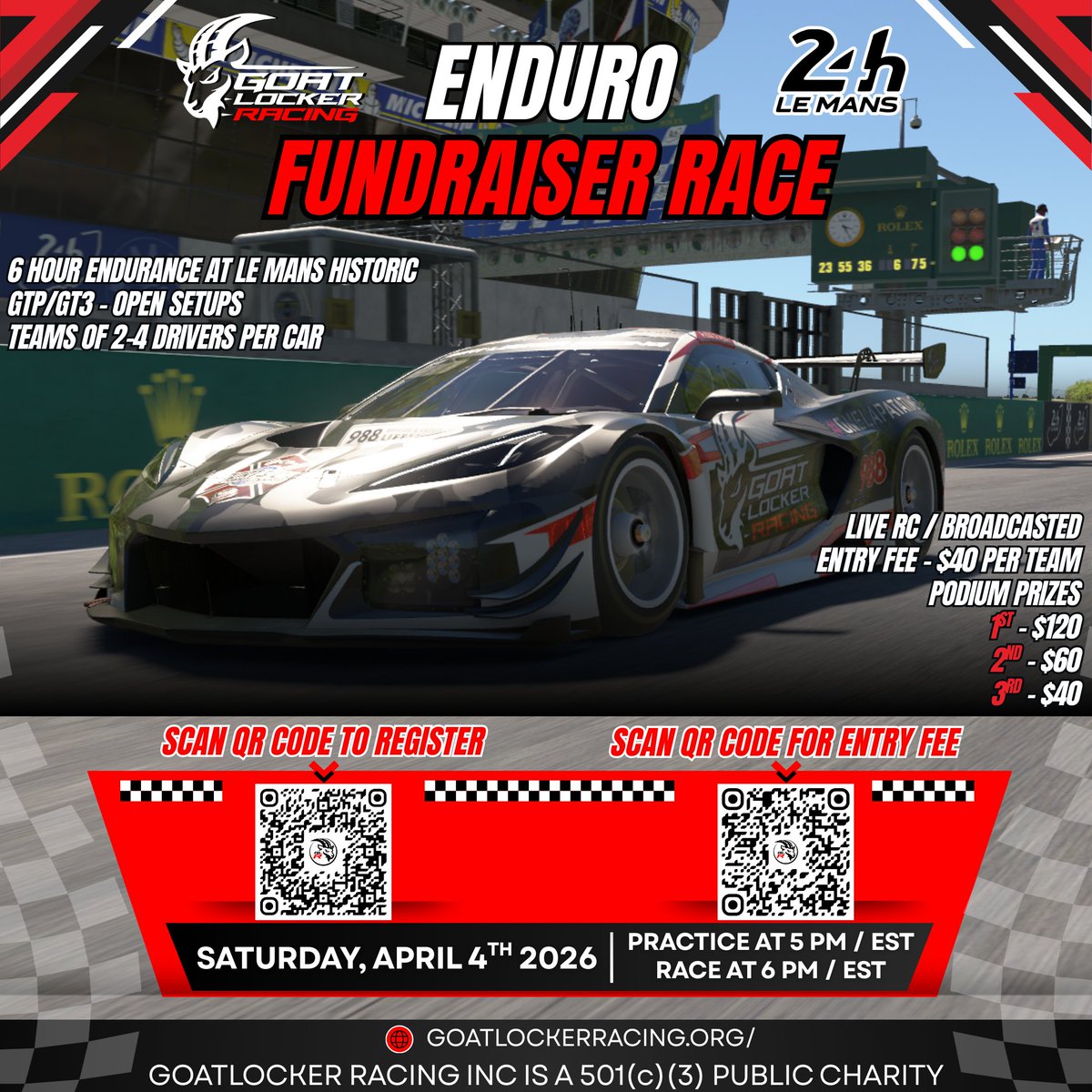 The 2026 Season 1 fundraiser is here!

Come out and support the mission and get a shot at some money in your pocket. 

April 4th we will run a 6 hr multi class endurance race at Le Mans. This event will be steamed on VSpeed and will have a $40 entry fee a team (2-4 drivers).