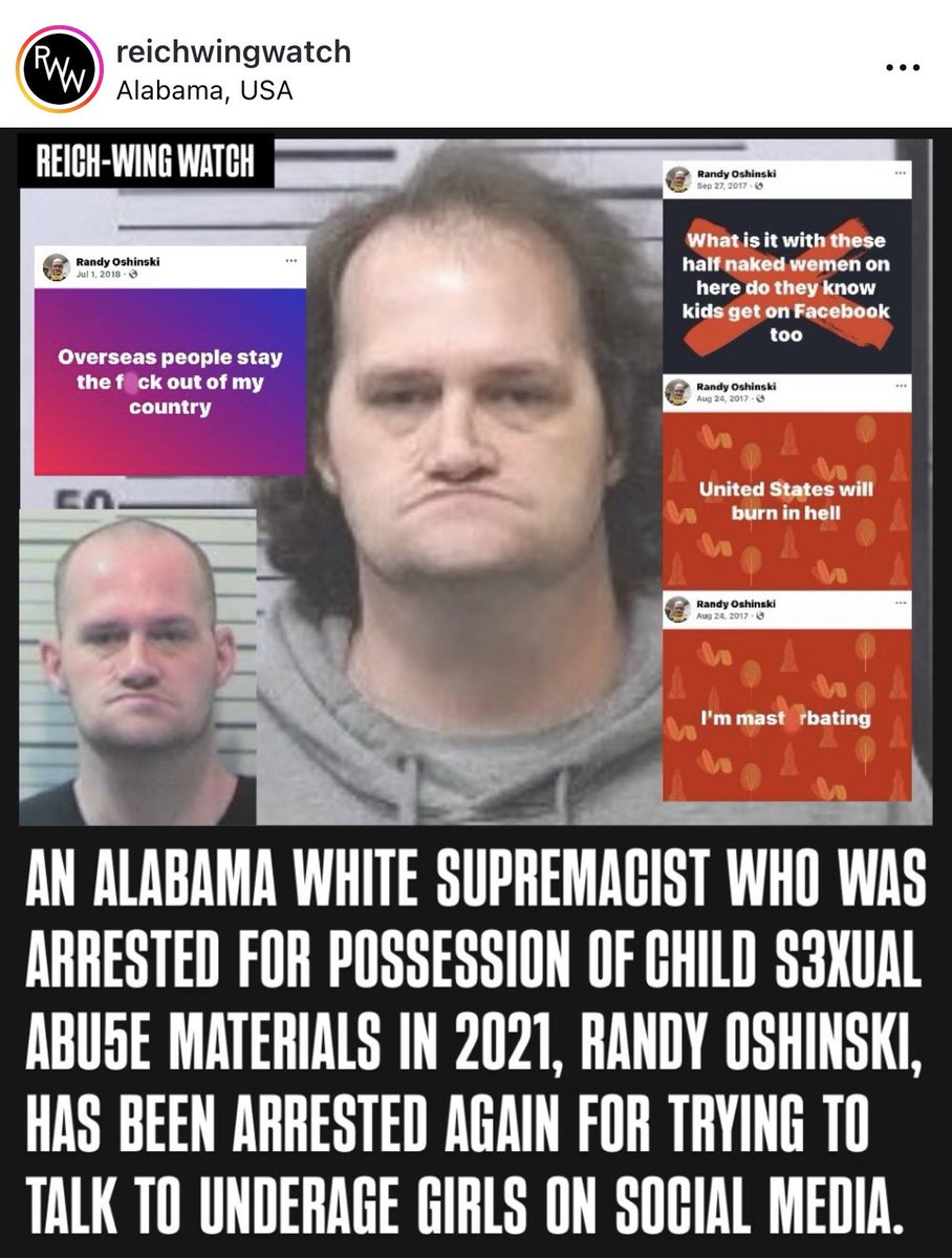 According to Fox 10 TV News, Mr. Oshinski was one of four men arrested in Operation Frost Byte, a sting targeting would-be child predators. 

Not an immigrant, drag queen or gay person, you’ll notice.