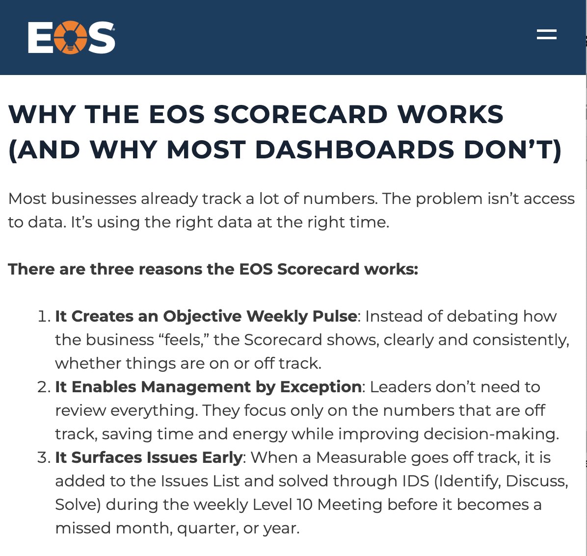kevingarm's tweet image. I love this explanation of why the EOS Scorecard works and how it’s different from dashboards. Powerful. 

Source: eosworldwide.com/blog/the-eos-s…

@EOSWorldwide #EOSImplementer #RunningOnEOS