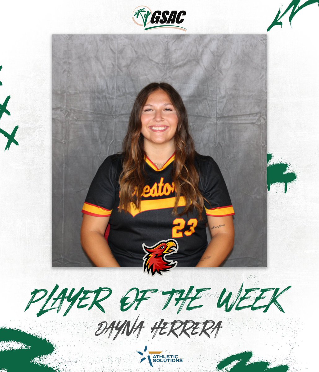 gsacsports's tweet photo. Softball Players of the Week! 🌟
Presented by Athletic Solutions
🏆 Player of the Week: Dayna Herrera
🔥 Pitcher of the Week: Alexis Ayersman
Huge congrats to these standout performers!
#gsacsoftball #therightwaytoplay https://t.co/AFkCbhb36w