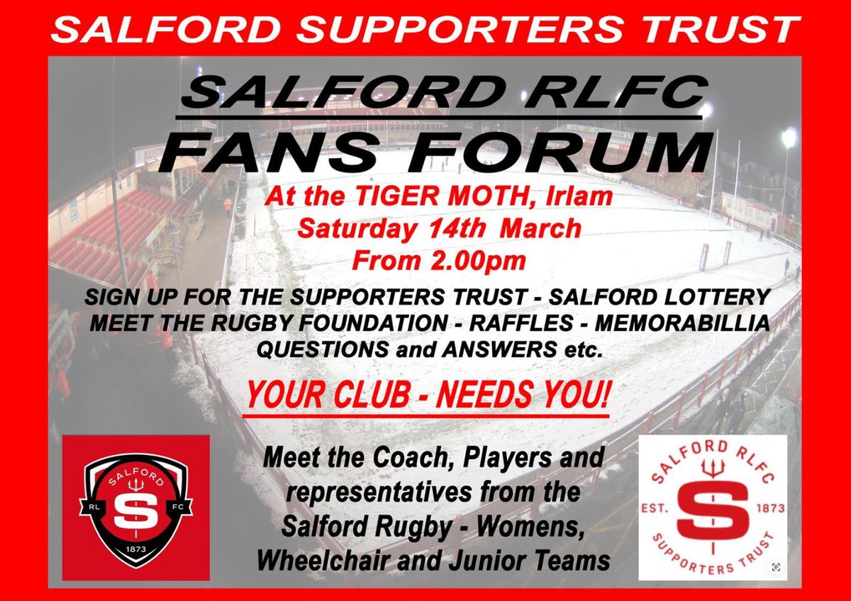 Good evening Salford fans! Apologies, there was a slight error with the poster published earlier. Please see updated version below &amp; share so we can make this a fantastic event!

Hopefully see you there on 14th March!👹👹👹