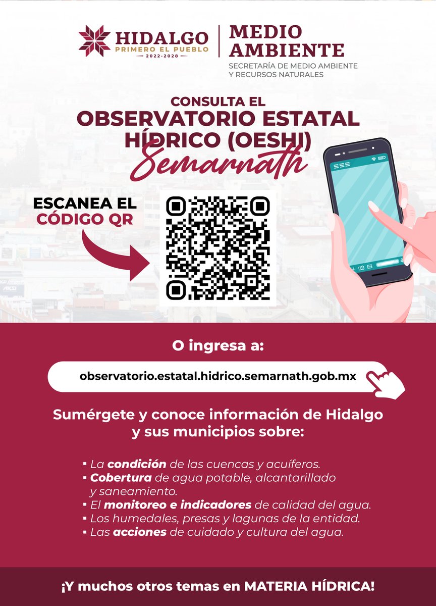 medioambiente_H's tweet photo. El agua 💧también se 👀observa, se 🔎analiza y se cuida🤲🏻.

Ahora puedes consultar el Observatorio Estatal Hídrico de la Semarnath Hidalgo, una plataforma donde la información se transforma en decisiones para un mejor manejo del agua en Hidalgo.

👉 https://t.co/HUzVPJjwQW https://t.co/cbpbwc7RvQ