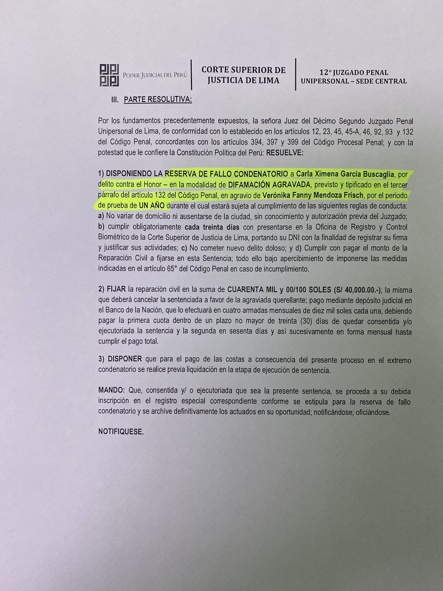 #JUSTICIA 12 juzgado penal de Lima encuentra responsable penal a Carla Garcia Buscaglia por el delito de difamación agravada en agravio de Verónica Mendoza, por calificarla de “terrucaza” en Willax TV. Juzgado ha reservado fallo. 
Terruquear no es opinar, es delito.