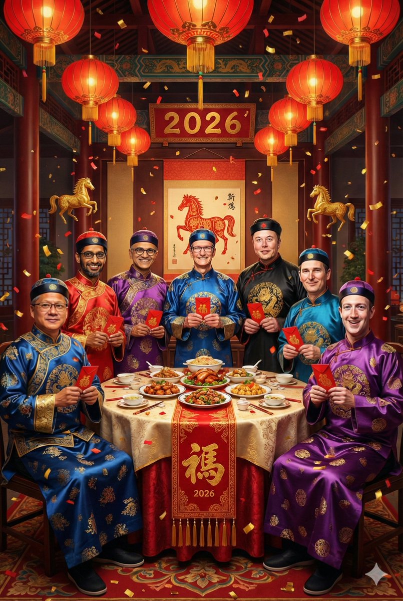 祝大家新年快乐，财源滚滚，马到成功！

我用 AI 生成了一幅图片，让美股七巨头的 CEO 们给大家拜年！  

这“七巨头”就是美股里市值最大的七家公司，包括英伟达、苹果、谷歌、微软、亚马逊、特斯拉和 Meta等。

但愿马年美股继续大涨！