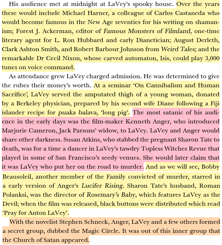Anton LaVey held black masses with Kenneth Anger, targeting the hippie counterculture—crushing LSD sugar cubes, inverting Timothy Leary's portrait, and urinating on marijuana. The rites mixed Enochian Keys with Lovecraftian imagery. Roman Polanski moved within these same circles.