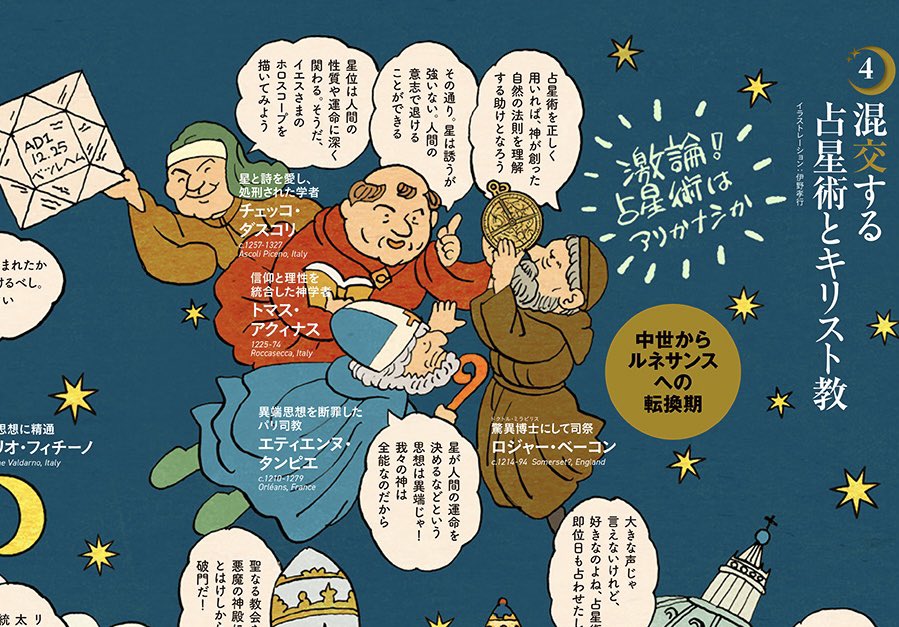 いつぞやの「芸術新潮」に描いた「激論!占星術はアリかナシか」
キリスト教世界において、星が人間の運命を決める占星術は異端の思想であった。でも教皇もこっそり占ってたりね。 