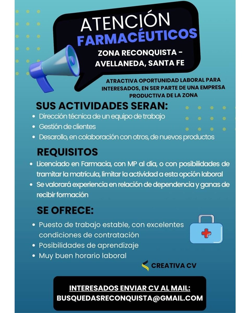 🔵⚪ #DT #FARMACÉUTICOS zona #Reconquista/ #Avellaneda, provincia de #SantaFe

👉 Enviar CV al mail: 📧 busquedasreconquista@gmail.com
(Los datos serán tratados con exclusiva confidencialidad.)

#TNEA #SantaFe #Chaco #Corrientes #Formosa #Misiones #empleoar #trabajoar