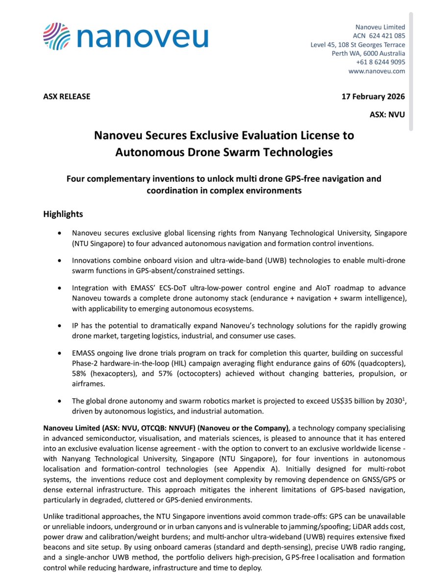 RawMinerals's tweet image. $NVU Breaking News 📢

Nanoveu Secures Exclusive 4 x Autonomous GPS-free drone-swarm localisation and formation control Drone Swarm Technologies

Most recent and upcoming Commercial Catalysts 👇

1. #CES 2026 : Won 🏆 1st place ✅️ (#NVIDIA won last year)

2. More partner