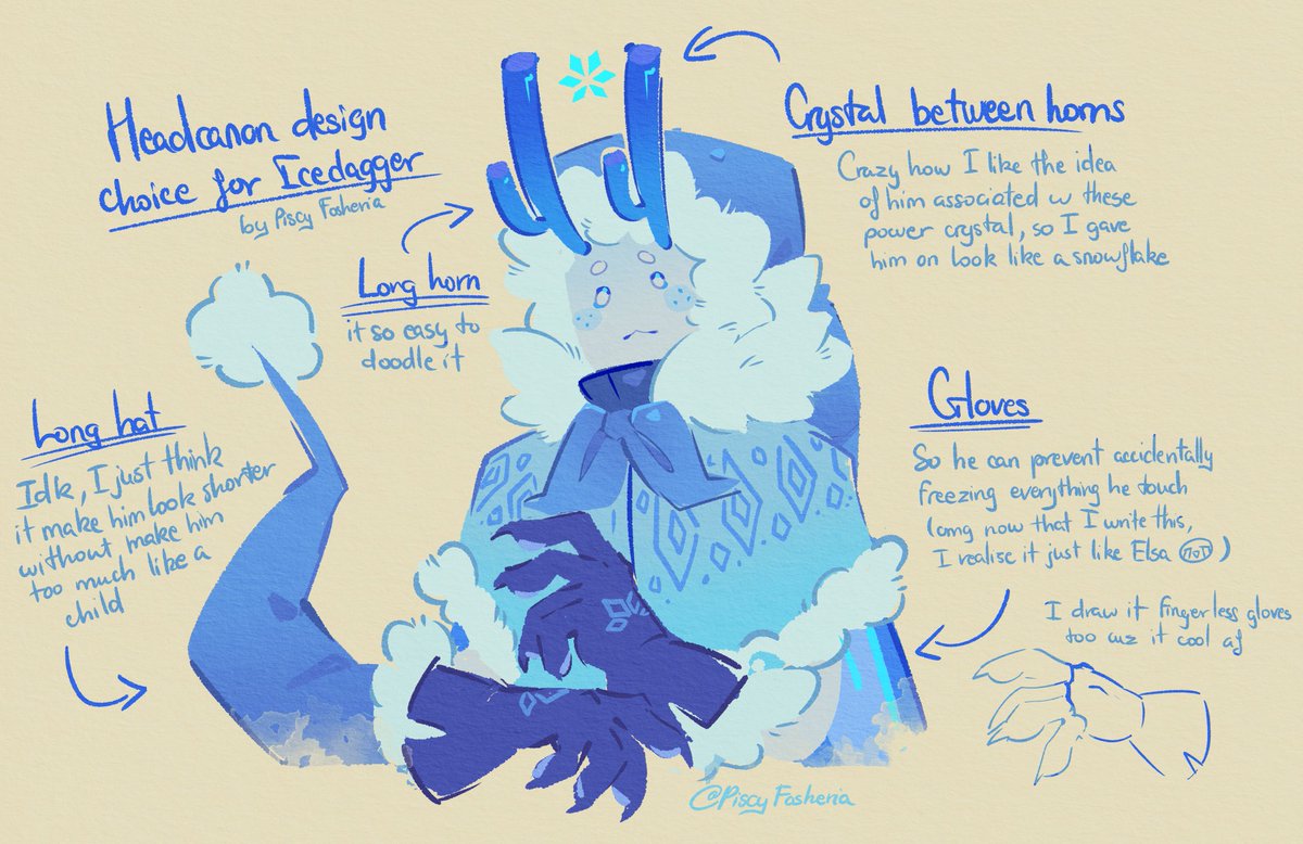PiscyFosheria's tweet image. people like my previous post so here i share a bit of my pet peeve when drawing Icedagger, like some detail is kinda intentional and stuff to how i view him