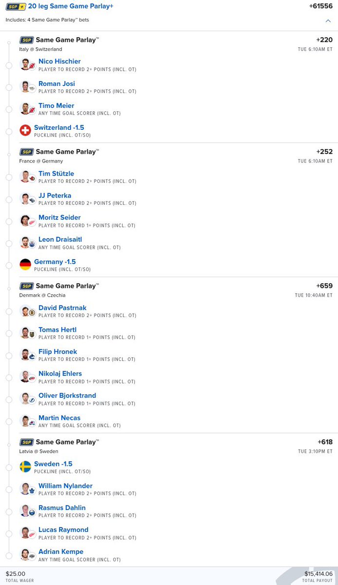 20 LEG OLYMPIC LOTTERY 🎟️🔥
$25 ➡️ $15,414.06

SGP 1: Italy vs Switzerland 🇨🇭
Nico Hischier 2+ points
Roman Josi 2+ points
Timo Meier anytime goal
Switzerland -1.5

SGP 2: France vs Germany 🇩🇪
Tim Stützle 2+ points
JJ Peterka 2+ points
Moritz Seider 1+ point
Leon Draisaitl