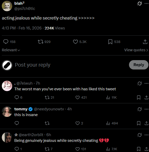 > Woman tweets how great it feels to cheat while also guilting her man 
> 5k likes, many women in the comments agreeing or not judging
> Top comment is about how men are evil cheaters

I get why stoning used to be an accepted punishment for adultery.