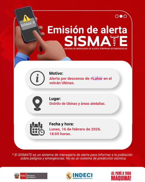 COENPeru's tweet photo. Emisión de Mensajería N.° 053-2026 | Alerta por descenso de #Lahar en el volcán Ubinas | @Sismos_Peru_IGP.
⚠️Riesgos asociados: afectación a viviendas, cultivos y vías de comunicación.
🚨Aléjate de las torrenteras por donde podría desplazarse el lahar.
🚨Se recomienda identificar las zonas seguras, rutas de evacuación y puntos de reunión.
🚨Prepara tu Mochila para Emergencias y sigue las orientaciones emitidas por las autoridades competentes.
