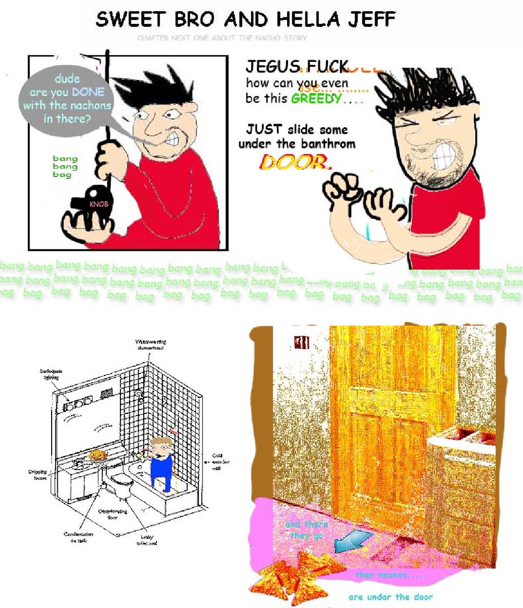 junesolsprite2's tweet photo. this one is the most unsettling imo, illustrating a situation between him and bro that i no doubt believe has happened or happens normally. bro continuously banging on the bathroom door while jeff locks himself inside with food is just a disturbing image https://t.co/5kkdDu8kyy