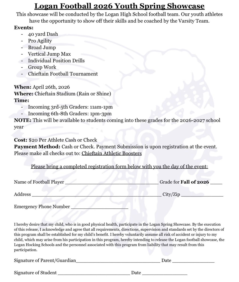 logan_football's tweet image. Attention Future Chieftains!

We’ll be holding a youth showcase on April 26th - grades 3rd-8th - details below! Excited to see our future players get the opportunity to work with our varsity players and coaches!

#ProtectTheTribe #gochiefs #oneprogram
