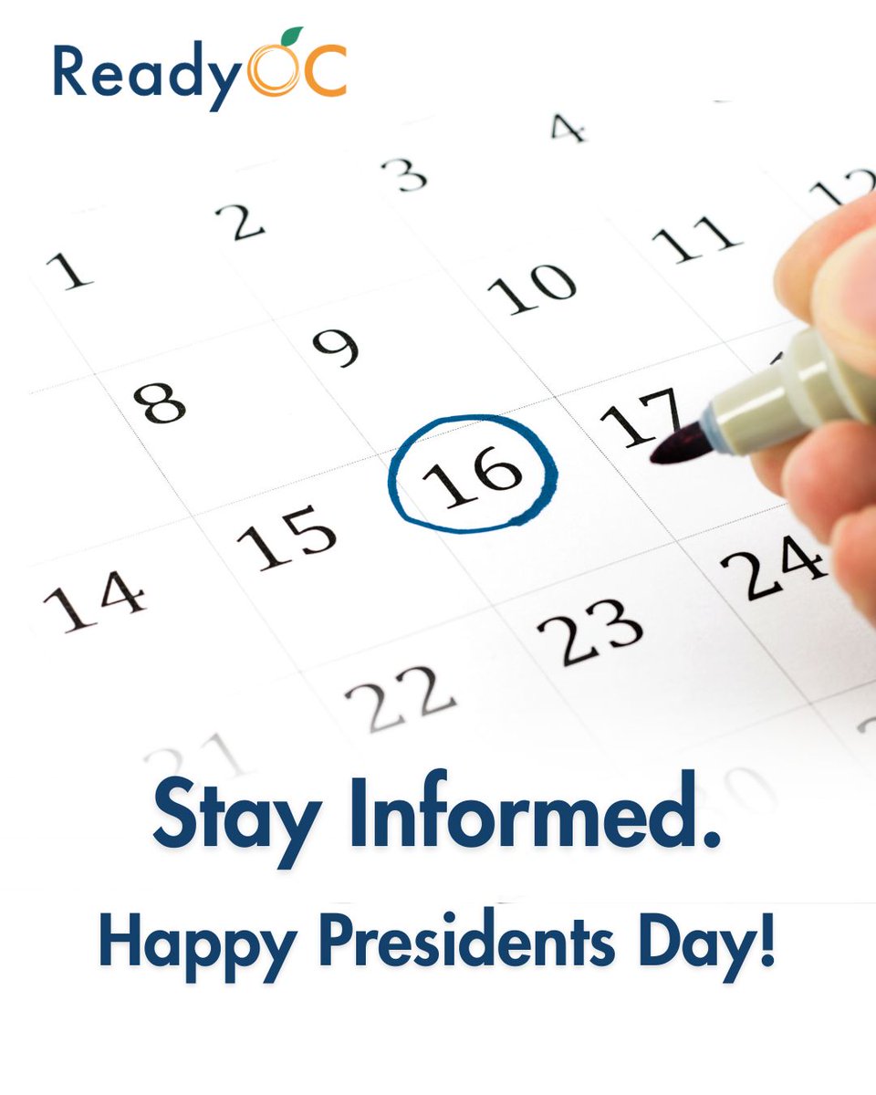 ReadyOC's tweet image. 📅Holiday schedules can change preparedness doesn’t have to.
On Presidents Day, take a moment to check office closures, service hours, and where to find official updates if needed.

Being informed helps you plan ahead. 
#ReadyOC #PresidentsDay #StayInformed #CommunityPreparedness