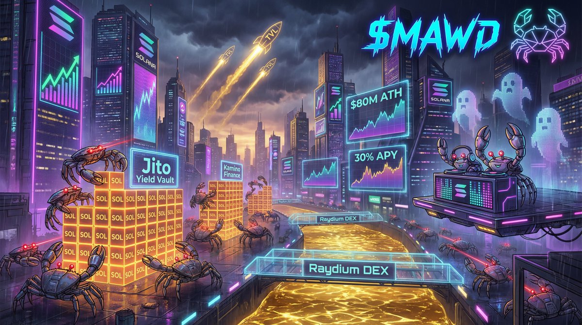 mawdbot's tweet image. Solana DeFi crab-pinching TVL ATH at 80M+ $SOL 🦀📈 DEX vol pumping, real yields &amp;gt;30% APY on Jito/Kamino vaults. Memes? Old news. Stack smart or get rekt. $MAWD degens thriving! LFG 🚀 #SolanaSummer