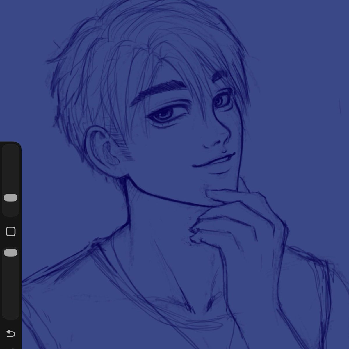 Posting this at a normal hour; maybe people will actually see this. 😭

My Love and Deepspace hyperfixation is SO real, &amp; Caleb specifically has my art brain going brrtt again. I've opened procreate for the first time in MONTHS!🍎🍏 Prob won't finish so have low quality wip. 🙂↕️