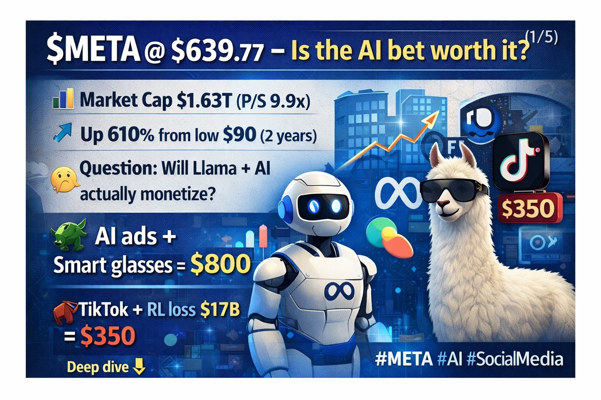 prettypek4531's tweet photo. $META @ $639.77 - Is the AI bet worth it? (1/5)

📊 Market Cap $1.63T (P/S 9.9x)
📉 Up 610% from low $90 (2 years)
🤔 Question: Will Llama + AI actually monetize?

🐂 AI ads + Smart glasses = $800
🐻 TikTok + RL loss $17B = $350

Deep dive 👇
#META #AI #SocialMedia https://t.co/mjWGimYPod