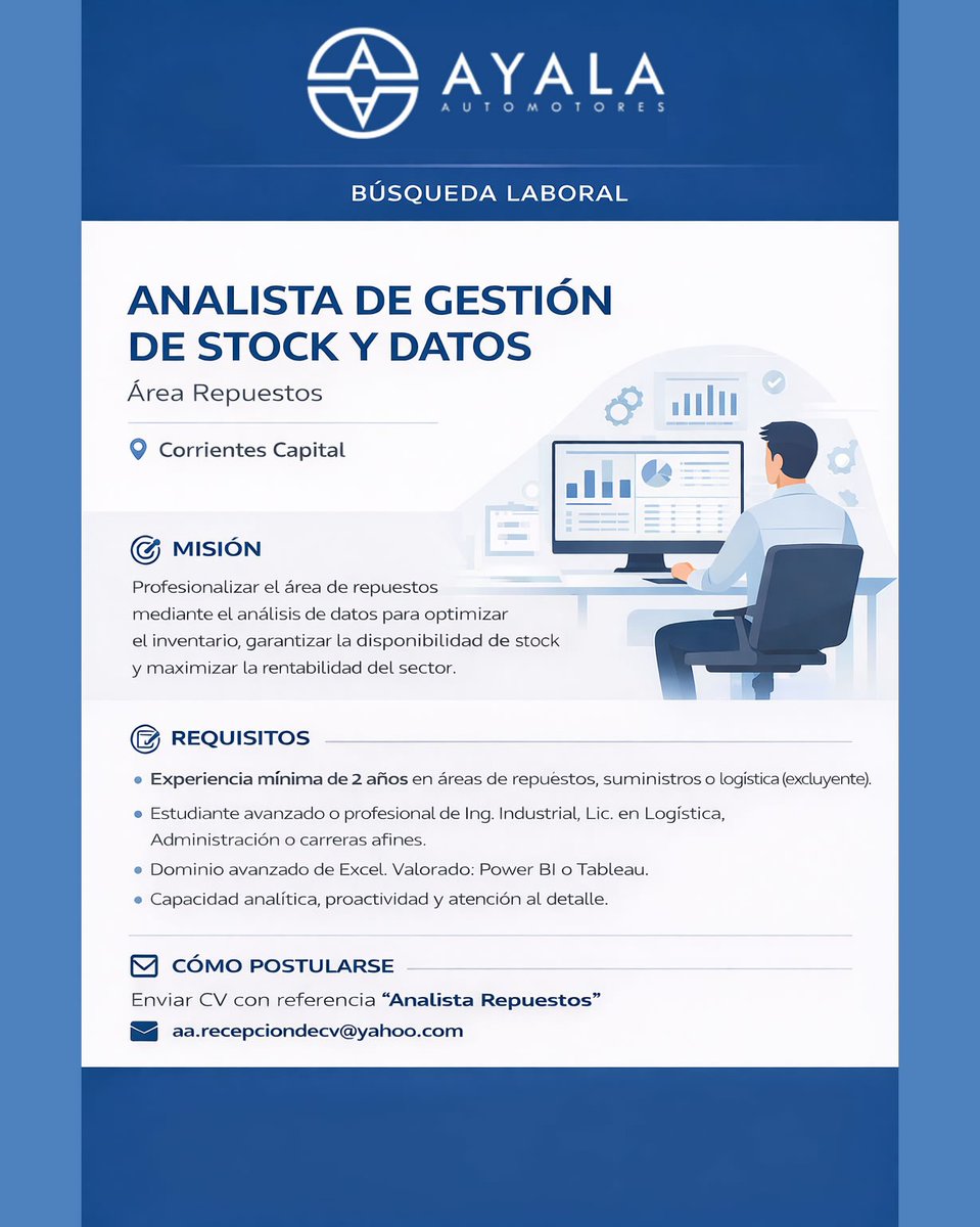 🔵⚪️ #CORRIENTESCAPITAL - Ayala Automotores busca #ANALISTA DE #GESTIÓN DE #STOCK Y #DATOS - Área Repuestos

👉 Envíanos tu CV con la referencia "Analista Repuestos" a: 📧 aa.recepciondecv@yahoo.com

#TNEA #Corrientes #empleoar #trabajoar