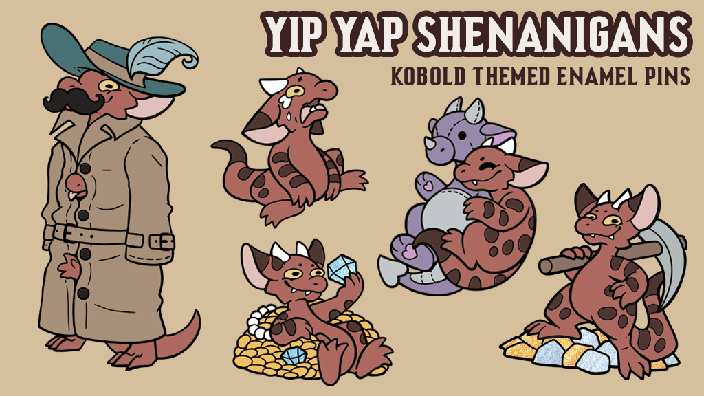Pssst, did you know that we've got a new enamel pin KS launching on Wednesday featuring four kobolds and a perfectly normal moustachioed gentleman (why is he even here?!)
