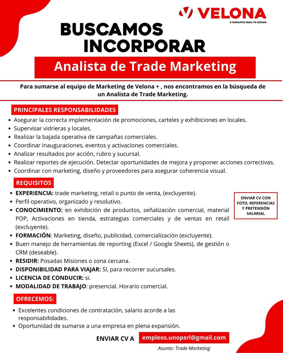 🔴⚪️ #POSADAS (Misiones) - Velona busca #ANALISTA DE #TRADE #MARKETING para su equipo de Marketing

👉 Enviar CV a: 📧 empleos.unopsrl@gmail.com con Asunto: ▪Trade Marketing▪

#TNEA #Misiones #empleoar #trabajoar