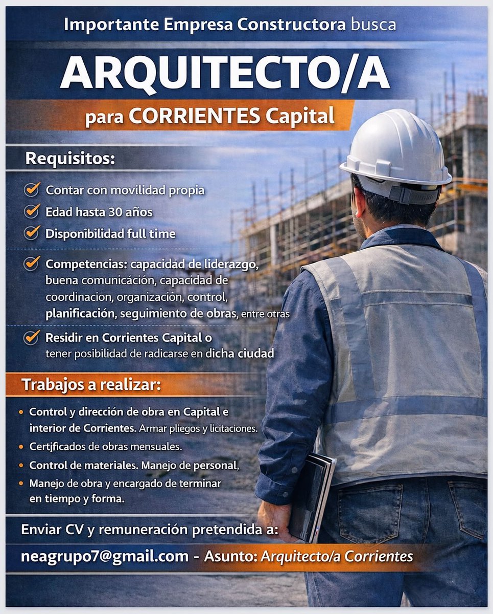 🟠🔵 Empresa Constructora busca #ARQUITECTO/A para #CorrientesCapital

👉 Enviar CV y remuneración pretendida a: 📧 neagrupo7@gmail.com con Asunto: ▪Arquitecto/a Corrientes▪

#TNEA #Corrientes #Chaco #Formosa #Misiones #empleoar #trabajoar