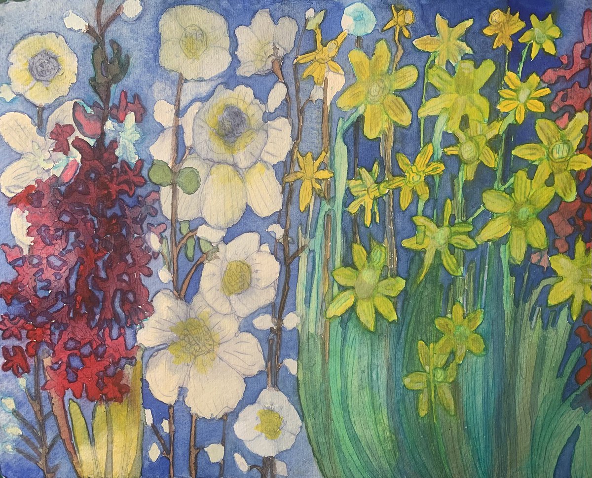 Februari bloei. Mixed media op papier.