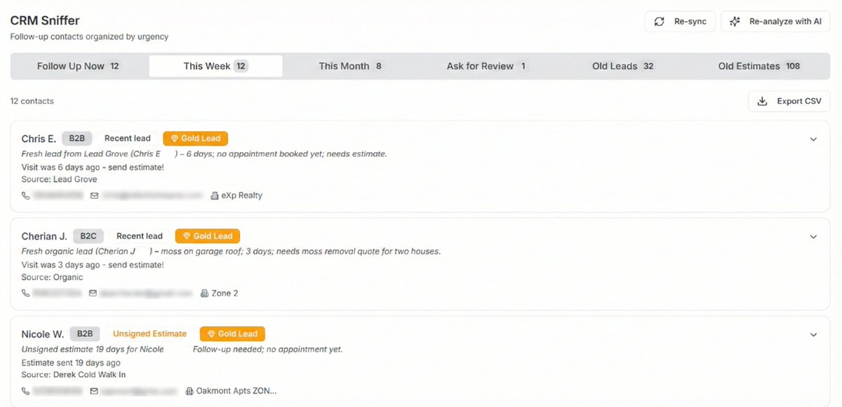 Using Workiz CRM?

Leads and contacts can get buried and its hard to know who to follow up with.

I built a free tool.

It highlights who to follow up with after scanning your contacts and leads.

Ranks them with AI.

Returns it all to give you or your sales guys something to